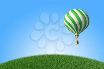 Green-white Hot Air Balloon in the blue sky. 3D render