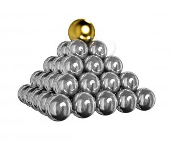 3d pyramid of shiny silver balls with gold ball on top
