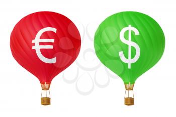Color currency hot air balloons: dollar and euro