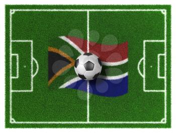 3d render of soccer field with  South Africa Flag and ball