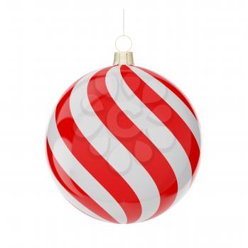 Red-white christmas ball hanging on white. 3d render with HDR