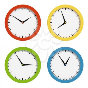 Multi-colored clocks. 3d render