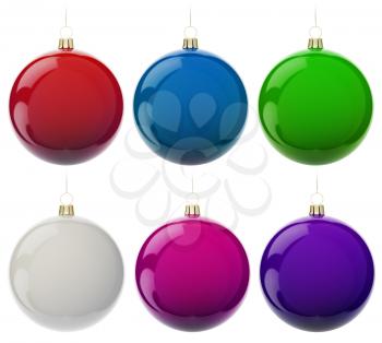 Multi-colored Christmas balls hanging on white. 3d render with HDR