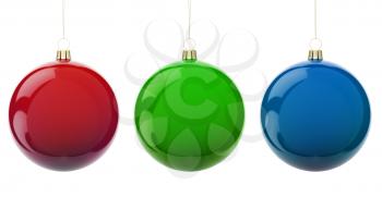 Multi-colored Christmas balls hanging on white. RGB colors. 3d render with HDR