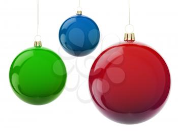 Multi-colored Christmas balls hanging on white. RGB colors. 3d render with HDR