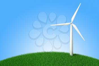 Modern windmill on a green hill. 3d illustration
