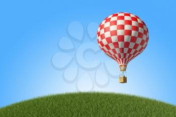 Red-white Hot Air Balloon in the blue sky. 3D render