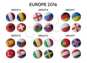 Europe football 2016. Set of soccer balls with flags. 3D render