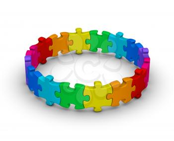 circle of colorful jigsaw puzzles on white background
