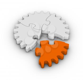 gear of jigsaw puzzles with one orange piece