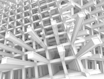 3d abstract architecture monochrome background. Modern white braced construction above cloudy sky;