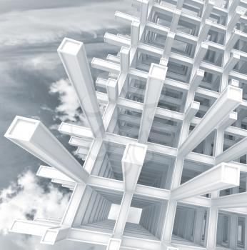 3d abstract architecture light blue monochrome square background. Modern white braced construction above cloudy sky