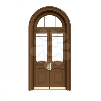 Classical architecture style interior object: brown wooden door isolated on white