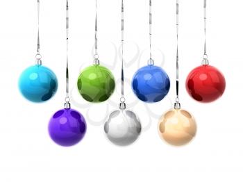Set of colorful Christmas balls hanging on ribbons isolated on white