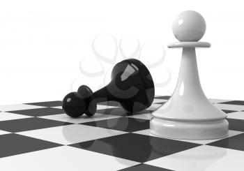 Chess pieces on the chessboard: black and white pawns. 3d render illustration isolated on white background