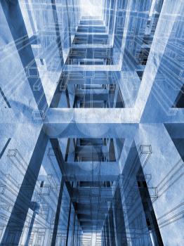 Blue abstract architecture 3d background with interior of braced construction and blueprints
