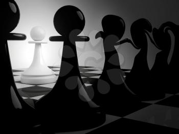 Chess fantasy with dancing black pawns and alone white pawn in dark room. 3d render illustration.