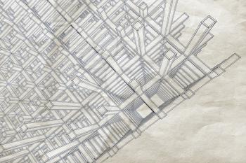 Blueprint with perspective view of an abstract 3d braced construction on old paper