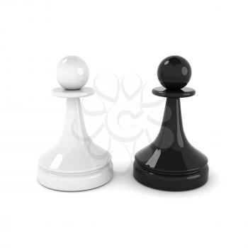 Classical chess pieces isolated on white. Black and white pawns. 3d render illustration
