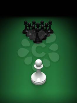Abstract concept of chess and pool mix. One white pawn opposite blacks on the green pool table. 3d render illustration.