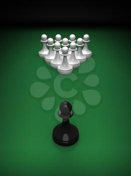 Abstract concept of chess and pool mix. One black pawn opposite whites on the green pool table. 3d render illustration.