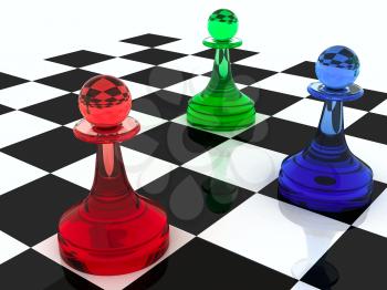 Colorful chess figures: three classical shape pawns made of different colored glass (RGB color scheme). 3d render illustration.