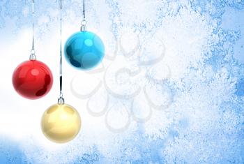 New Year background illustration with three Christmas balls hanging on ribbons above blue frozen glass surface
