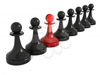 One red pawn in row of black. 3d render illustration isolated on white