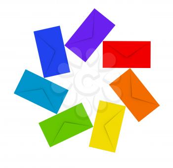 Round pile of colorful envelopes isolated on white