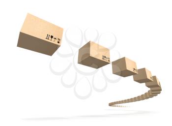 Stream of flying cardboard boxes isolated on white. Fast accuracy delivery metaphor