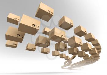 Stream of flying cardboard boxes. Fast accuracy delivery metaphor