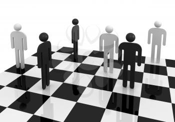 Black and white abstract people stand on a chessboard. Competition concept