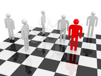 White abstract people with one red individual figure on a chessboard