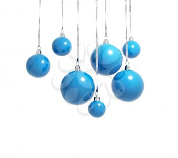 Blue Christmas balls hanging on ribbons isolated on white