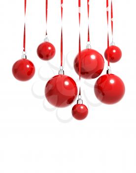 Red Christmas balls hanging on ribbons isolated on white