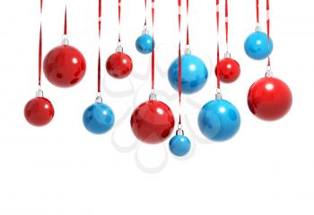 Blue and red Christmas balls hanging on ribbons isolated on white