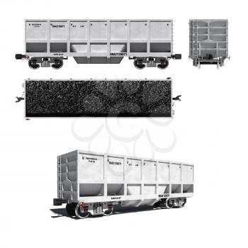 3d render illustration isolated on white: Projections and perspective view of the modern white carriage for coal transportation with text labels (Russian)