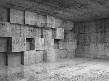 Abstract empty concrete 3d interior with decoration cubes on the wall