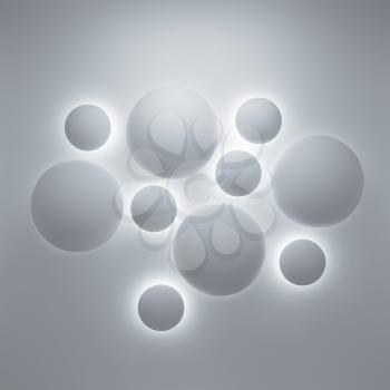 Abstract 3d geometric background with sphere decoration elements and illumination on gray wall