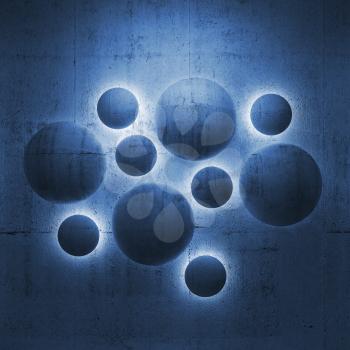 Abstract 3d architecture dark interior fragments. Round concrete decoration elements with blue illumination on the wall