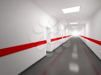 An abstract white corridor with doors and red lines