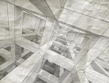 Drawings with perspective view of an abstract 3d braced construction on old gray paper