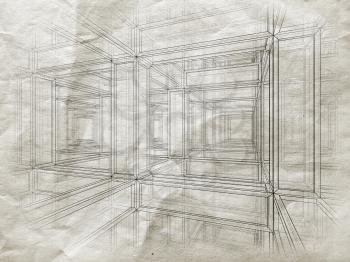 Blueprint with perspective view of an abstract 3d braced construction on old gray paper