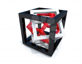 Abstract geometry. Black, white and red wire-frame cubes within each other