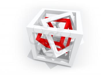 Geometric object: one red wire-frame cube inside of two white