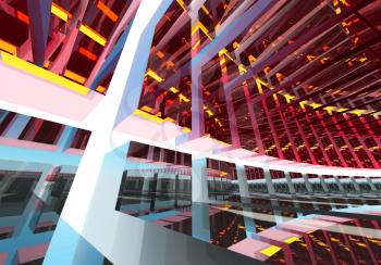 Abstract geometric colorful background pattern of turning futuristic tunnel with lights and reflections. 3d render illustration.