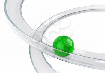 Abstract illustration with green ball rolling down on the helix tray made of transparent glass isolated on white background