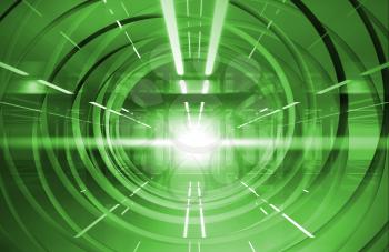 Abstract green shining tunnel interior with neon lights
