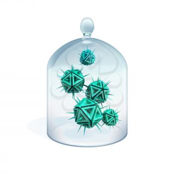 Abstract illustration of a viruses in quarantine as a green danger sharp objects with spikes under cover made of glass