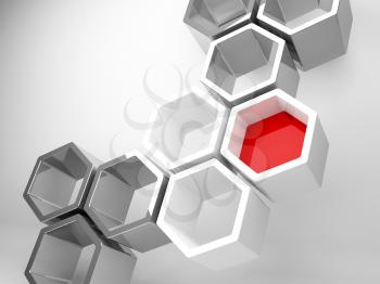 Abstract technology background with gray honeycomb structure and one red segment on white background